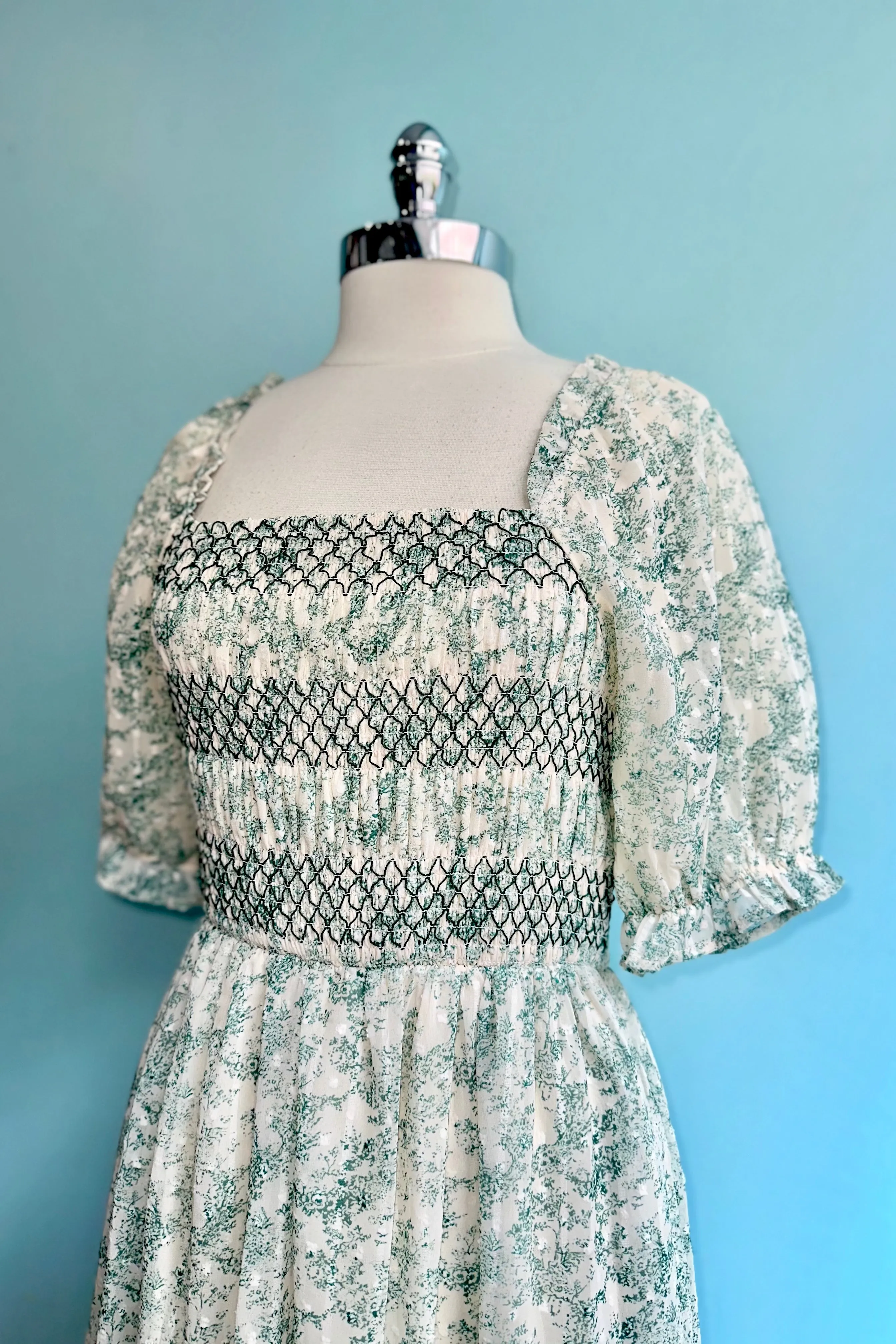 Green Toile Floral Smocked Bodice Midi Dress