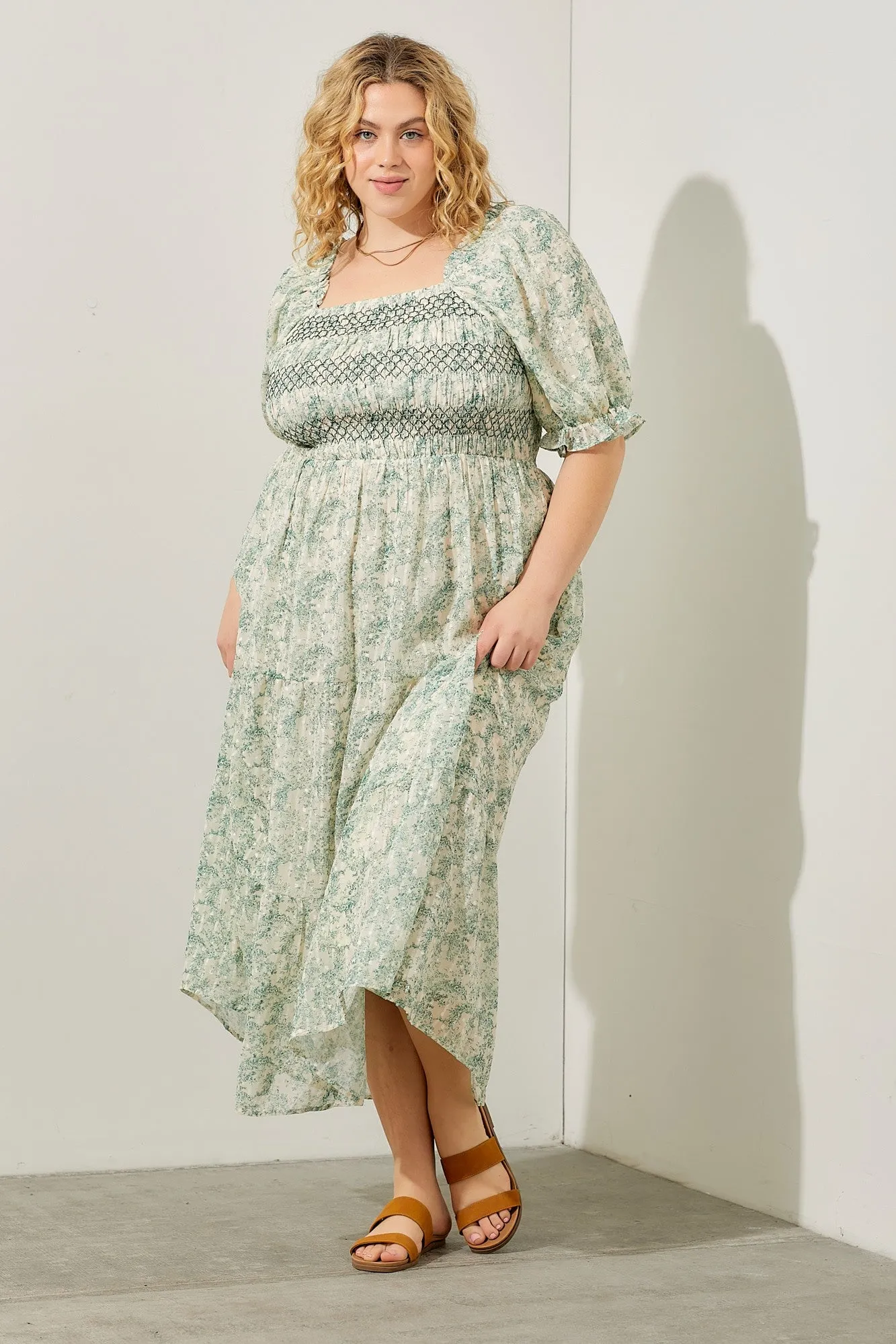 Green Toile Floral Smocked Bodice Midi Dress