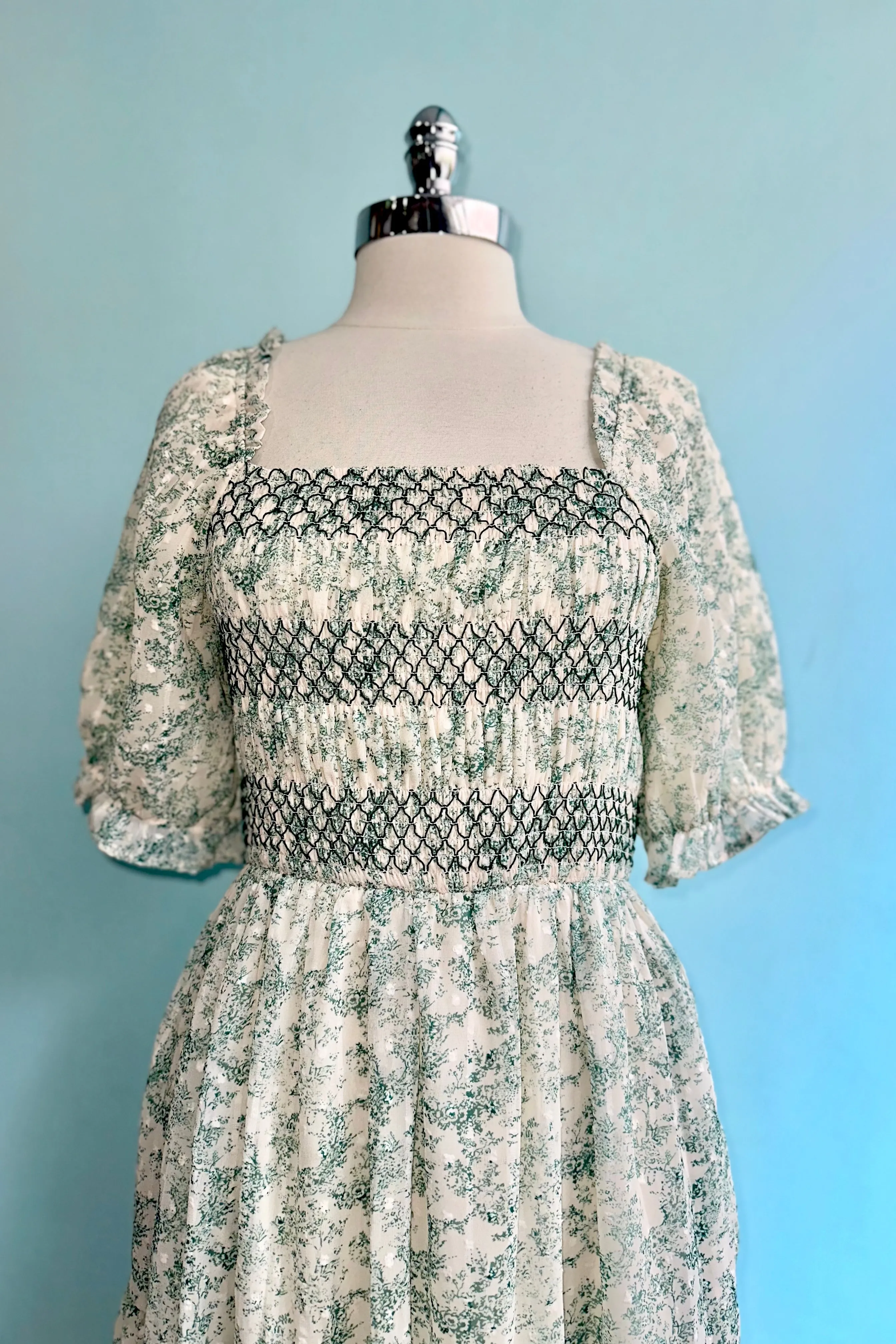 Green Toile Floral Smocked Bodice Midi Dress