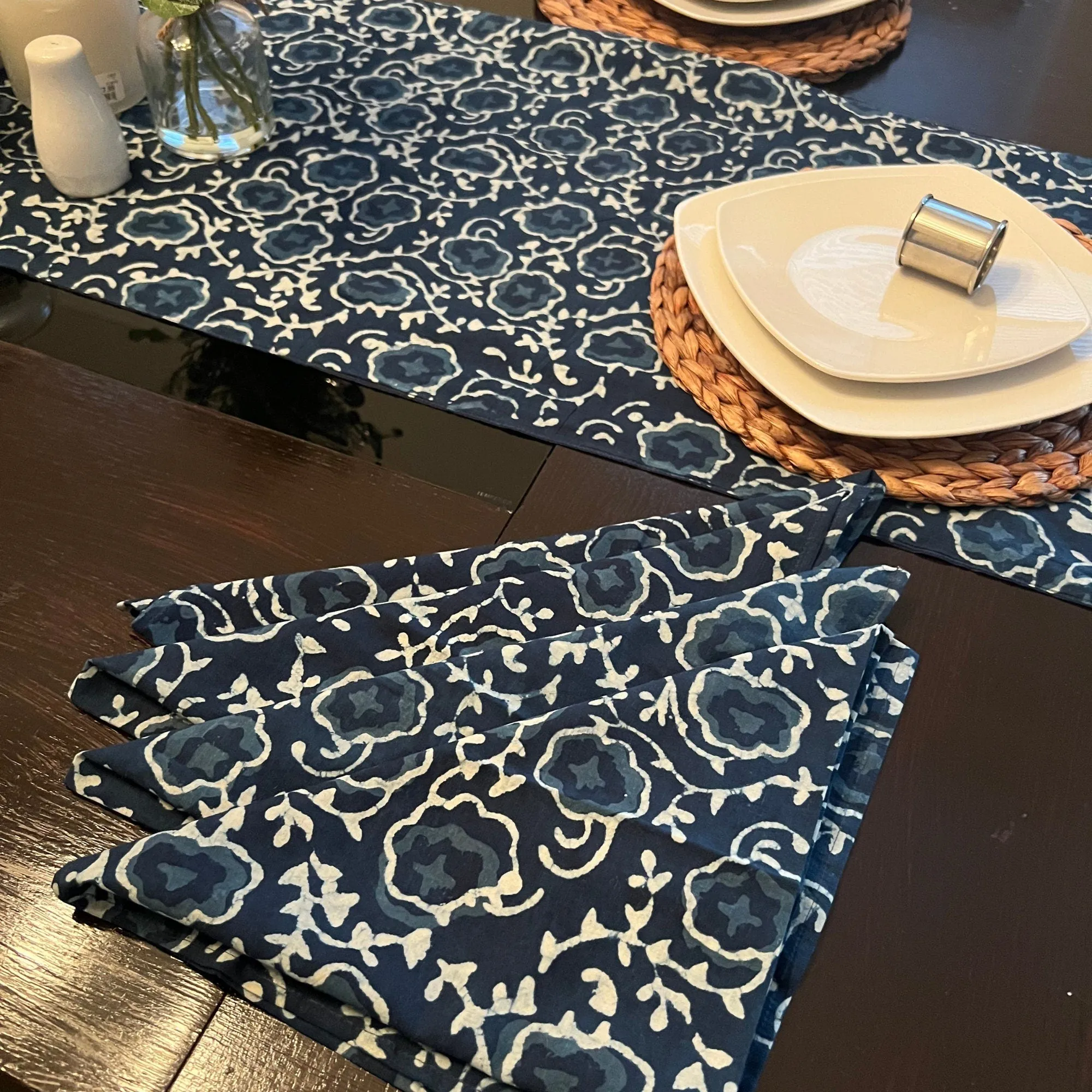 Handmade Indigo Blue Indian Hand Block Floral Print, Cotton Cloth Table Runner, Wedding, Housewarming Party, Home Decor, Table Decor, Gift