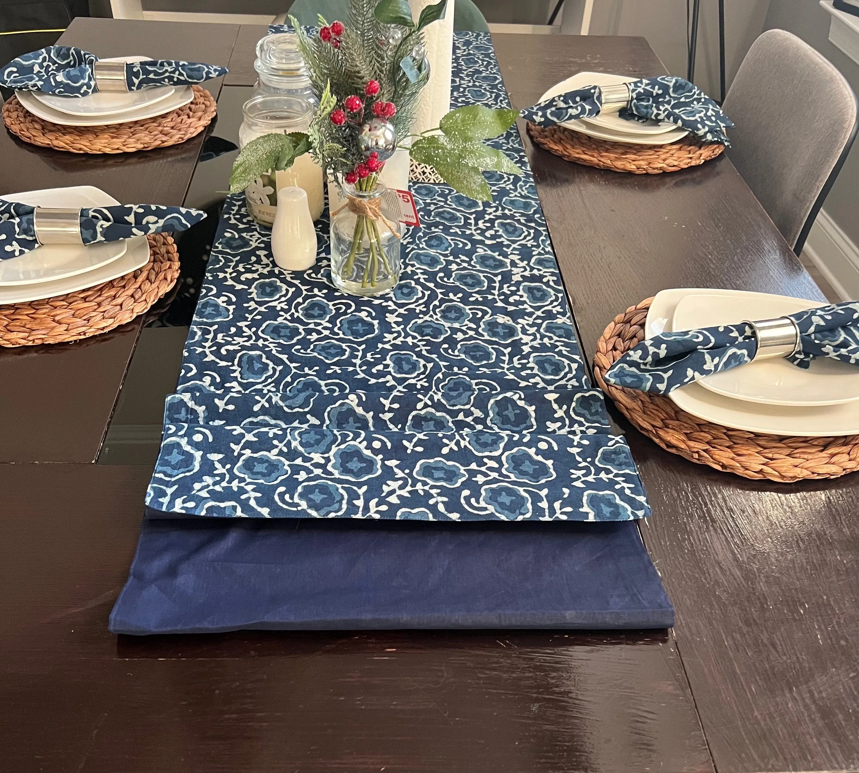 Handmade Indigo Blue Indian Hand Block Floral Print, Cotton Cloth Table Runner, Wedding, Housewarming Party, Home Decor, Table Decor, Gift