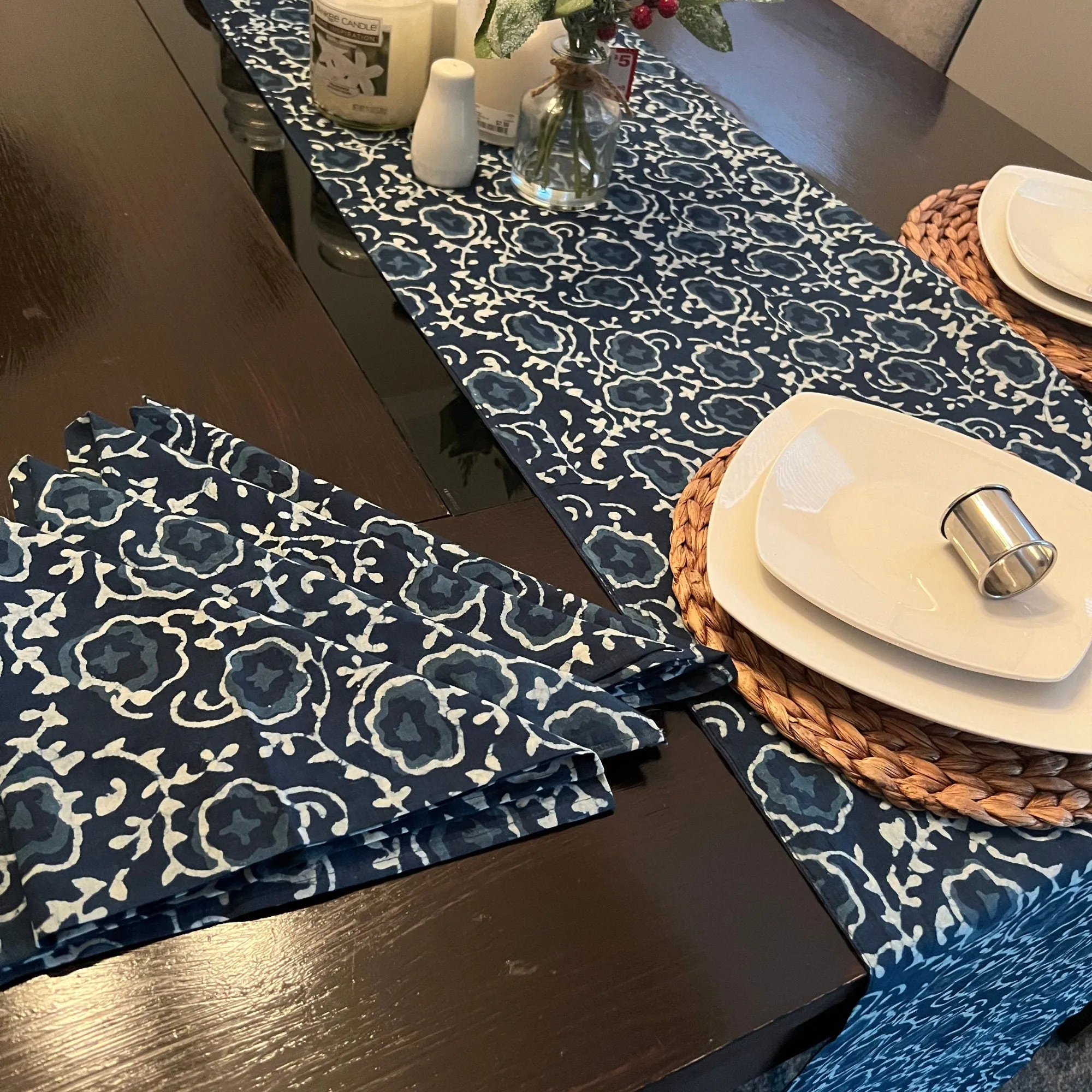 Handmade Indigo Blue Indian Hand Block Floral Print, Cotton Cloth Table Runner, Wedding, Housewarming Party, Home Decor, Table Decor, Gift