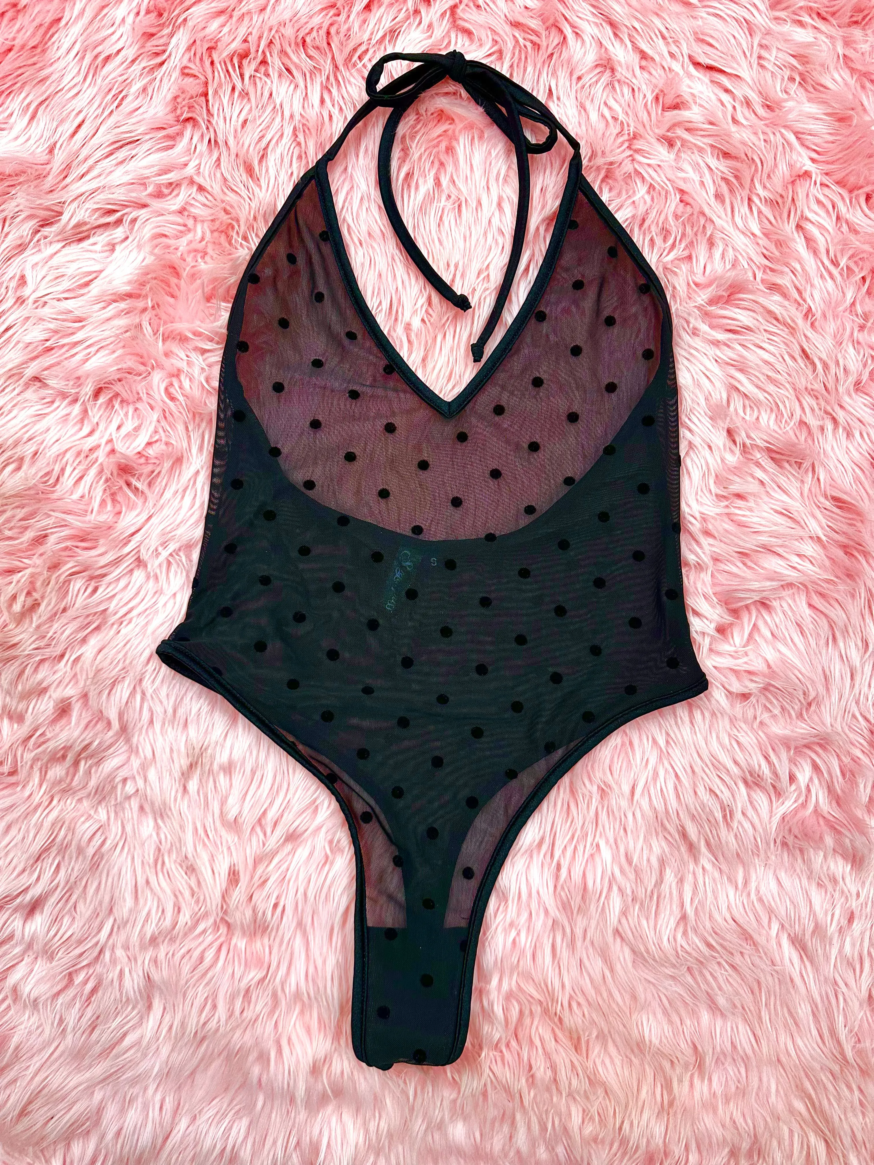 High Cut Halter Bodysuit in Black Polka Dot Mesh