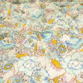 Japanese Pure Cotton Lawn Prints Design-157 Blue & Yellow Large Floral Vines on Ivory