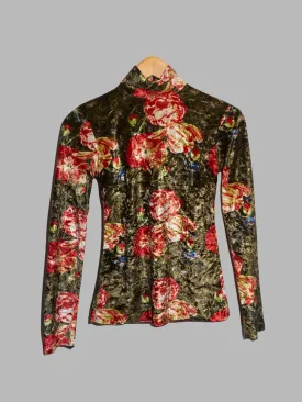 Jean Colonna brown and red floral print velour mock neck long sleeve top - M