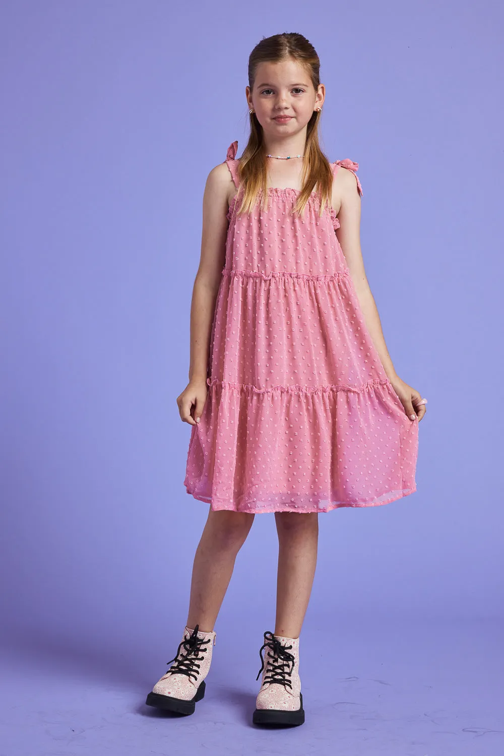 Kids Blush Tie Shoulder Clip Dot Dress