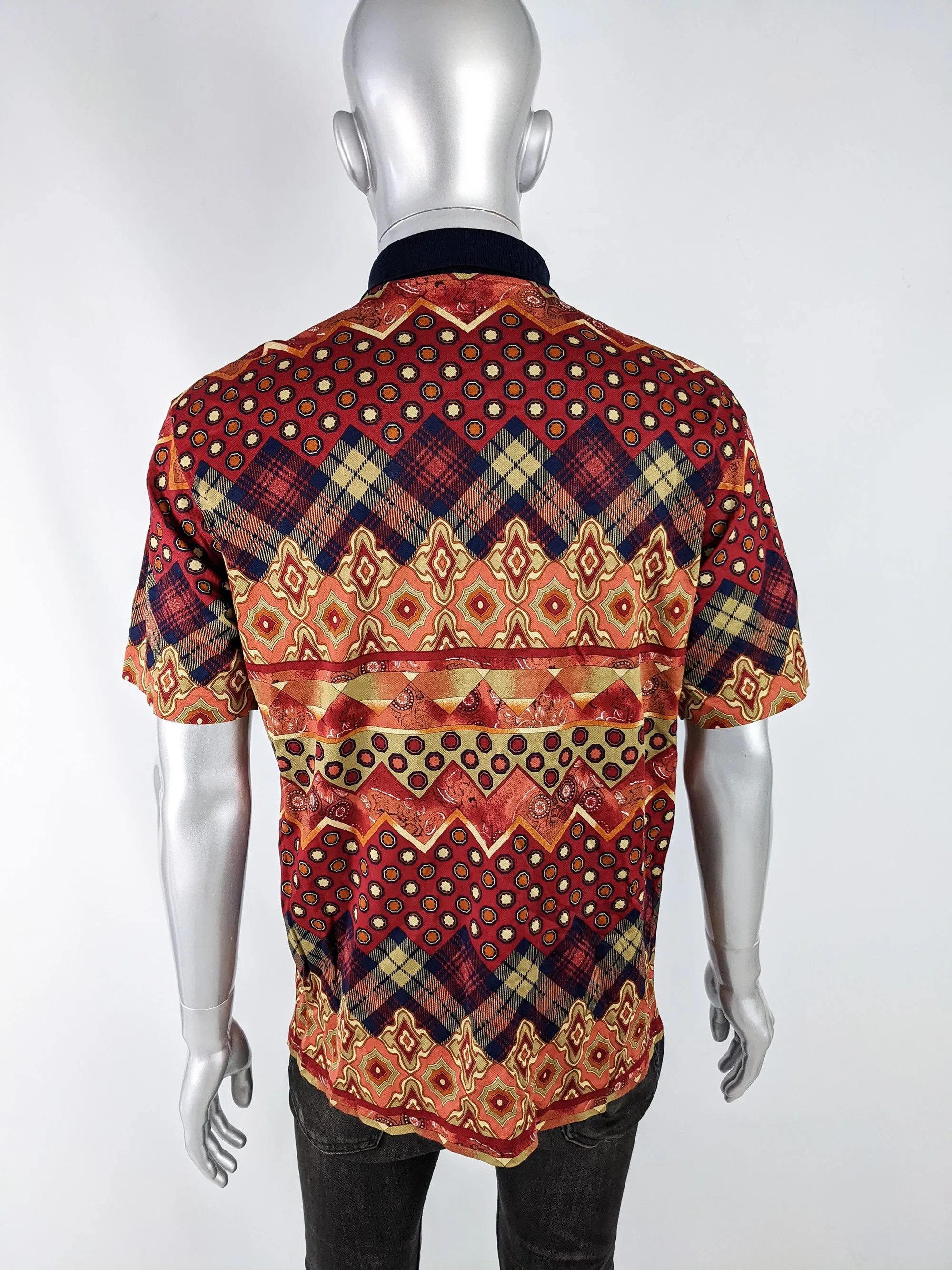 Mens Vintage Red & Navy Patterned Polo Shirt, 1980s