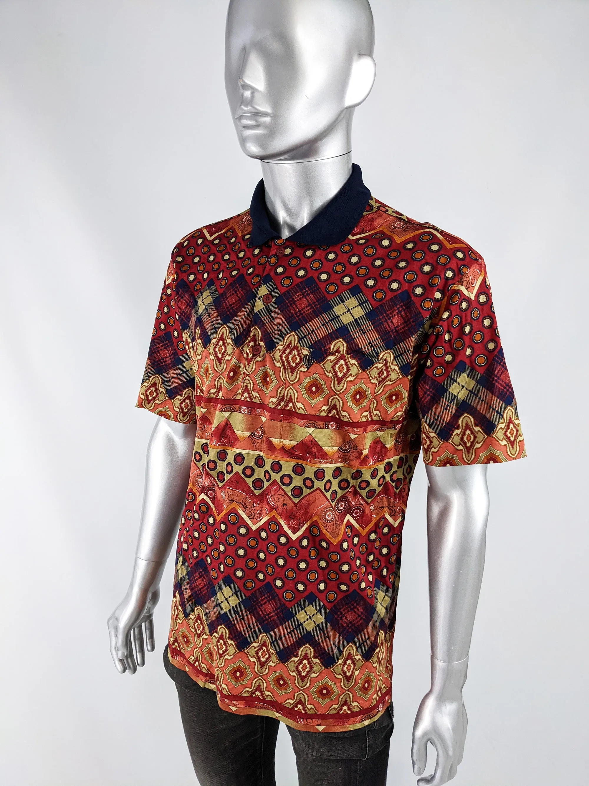 Mens Vintage Red & Navy Patterned Polo Shirt, 1980s