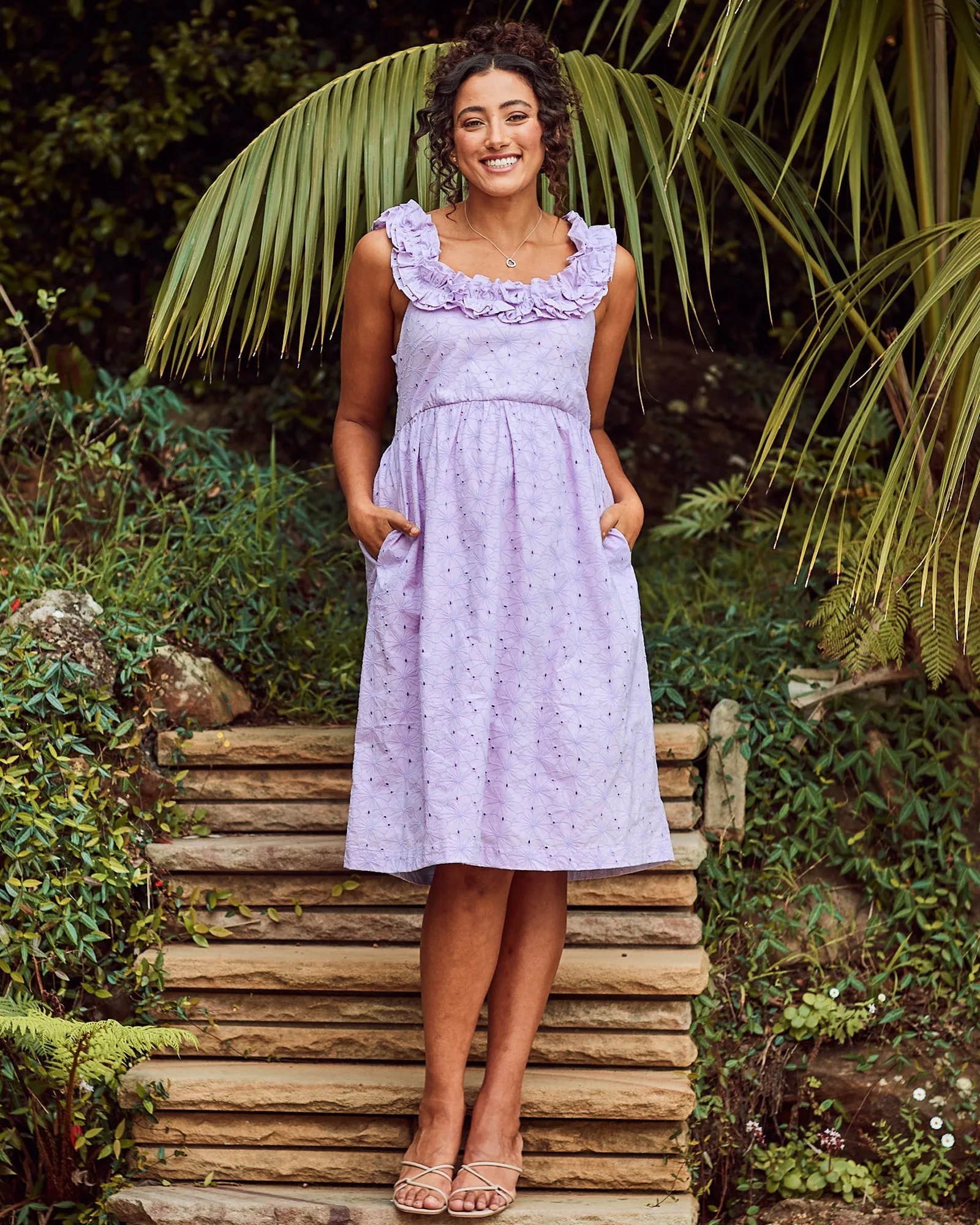 Natalie Maternity Ruffled Neckline Eyelet Dress in Lilac