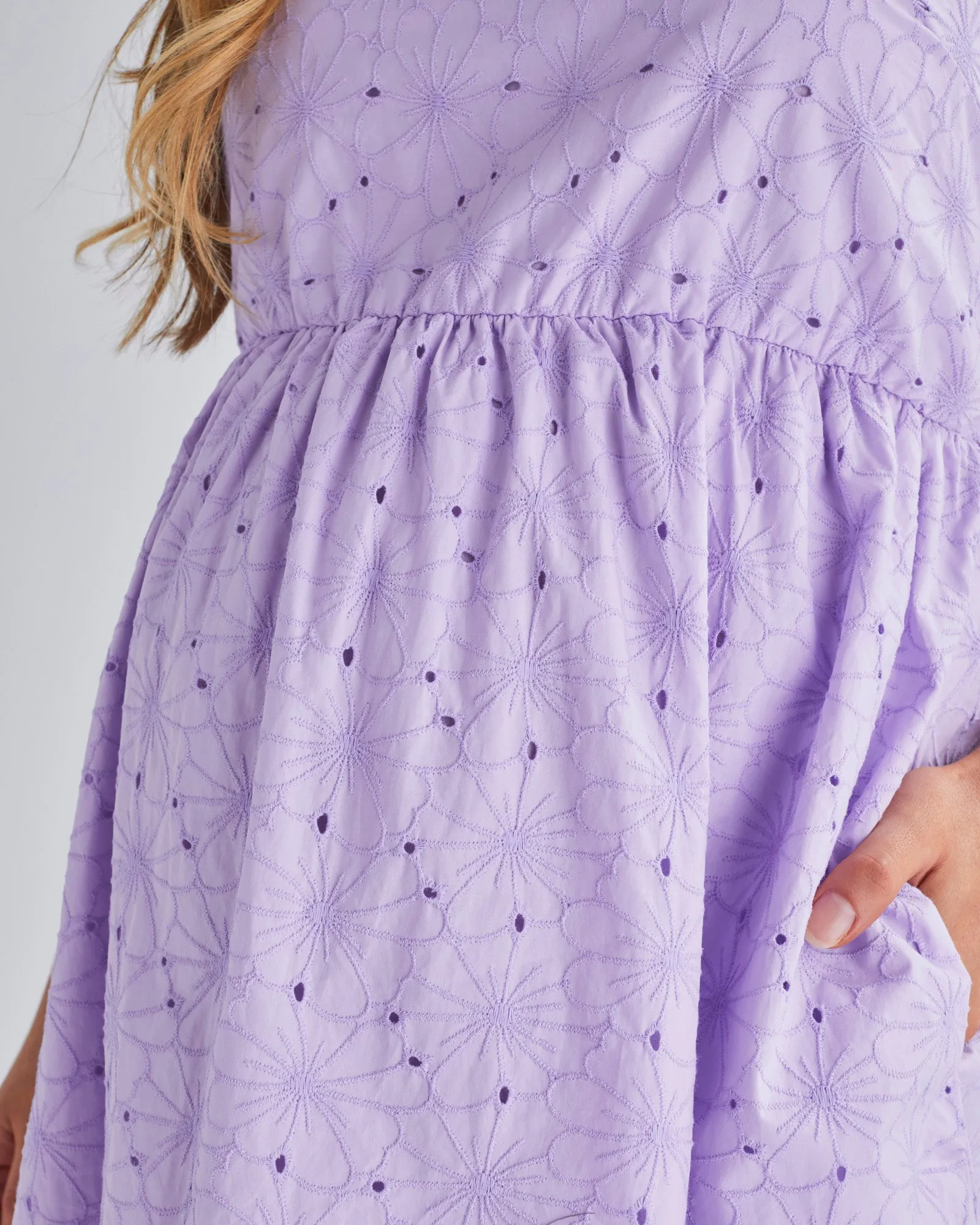 Natalie Maternity Ruffled Neckline Eyelet Dress in Lilac