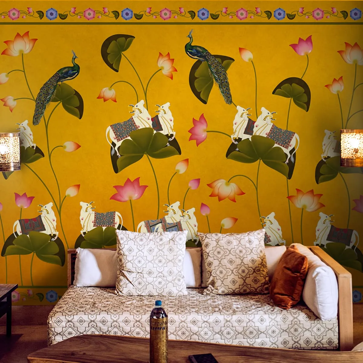 Pichwai Floral Cow Painting Inspired Yellow Wallpaper for Walls