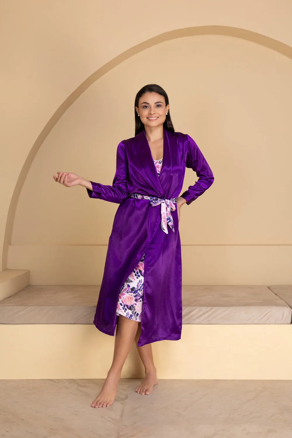 Print Satin Nightgown set in Purple