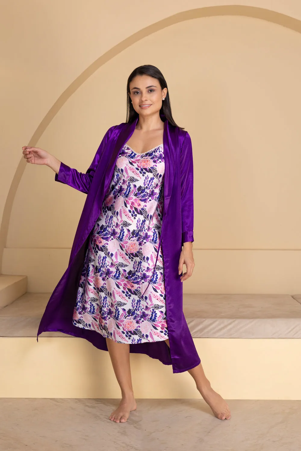 Print Satin Nightgown set in Purple