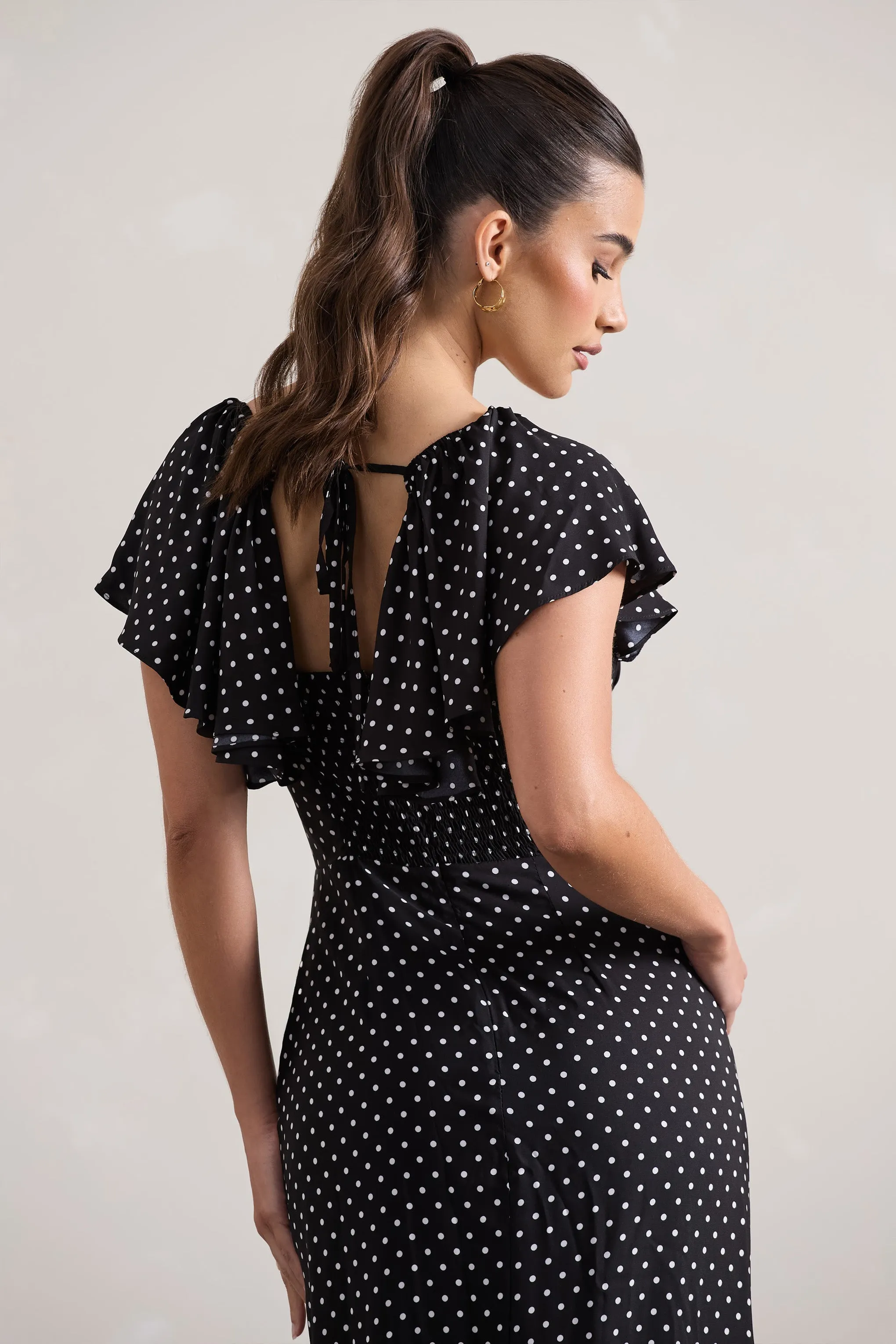 Signorina | Black Polka Dot Buttoned Maxi Dress With Flounced Short Sleeves