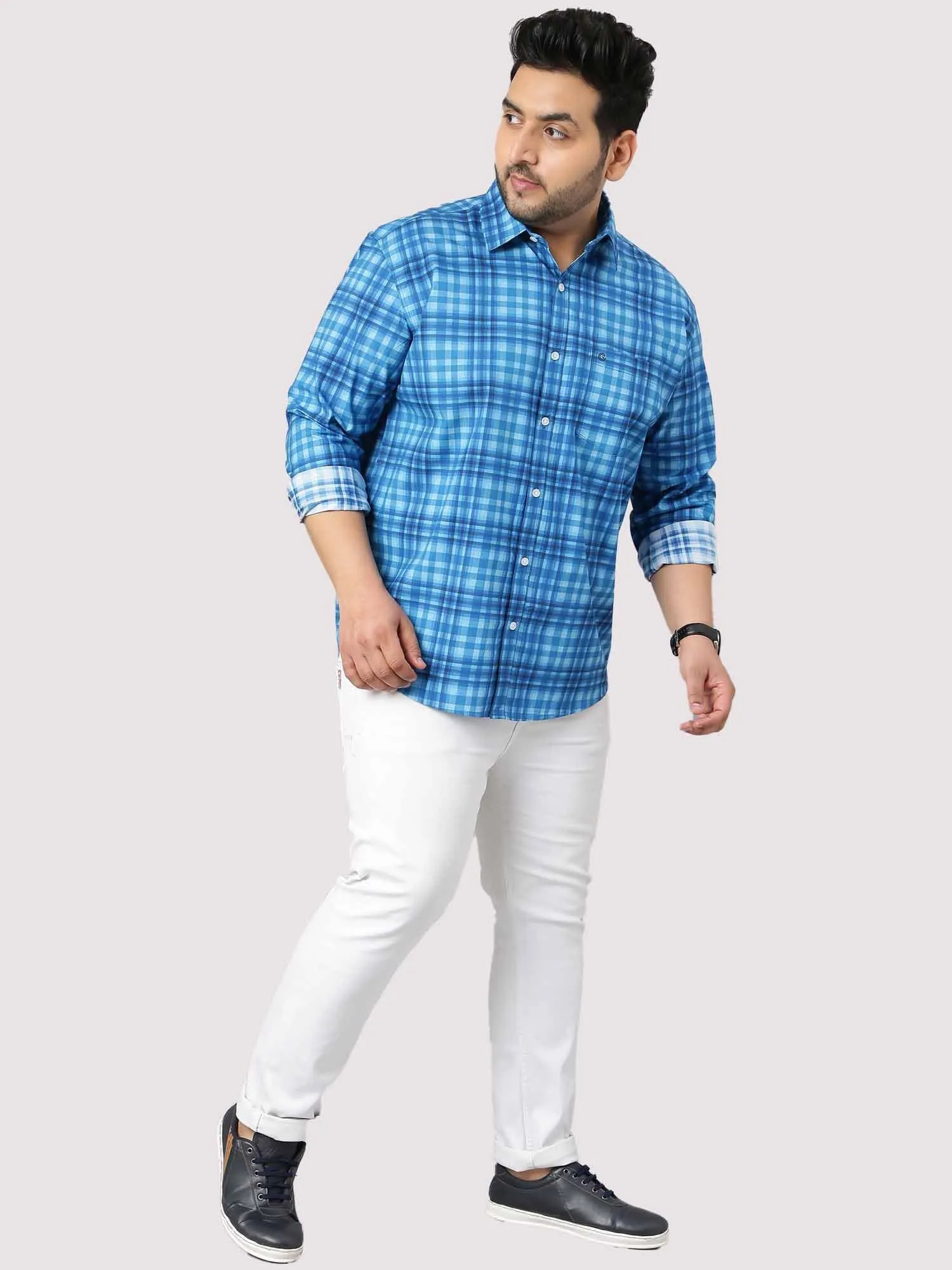 Sky Blue Large Check Shirt Men's Plus Size