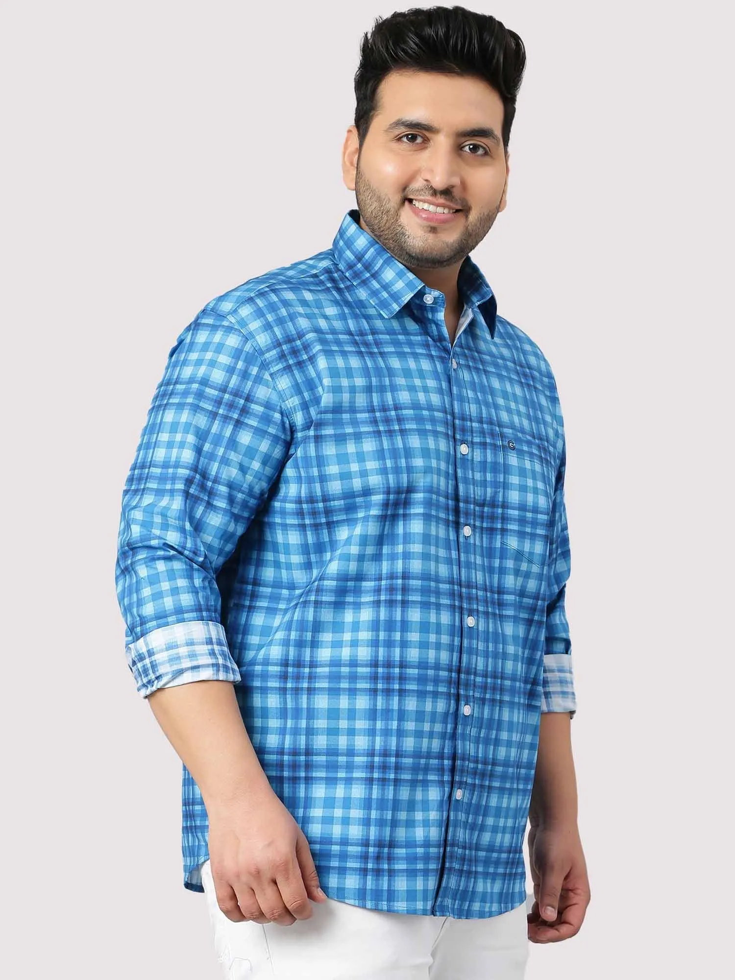 Sky Blue Large Check Shirt Men's Plus Size