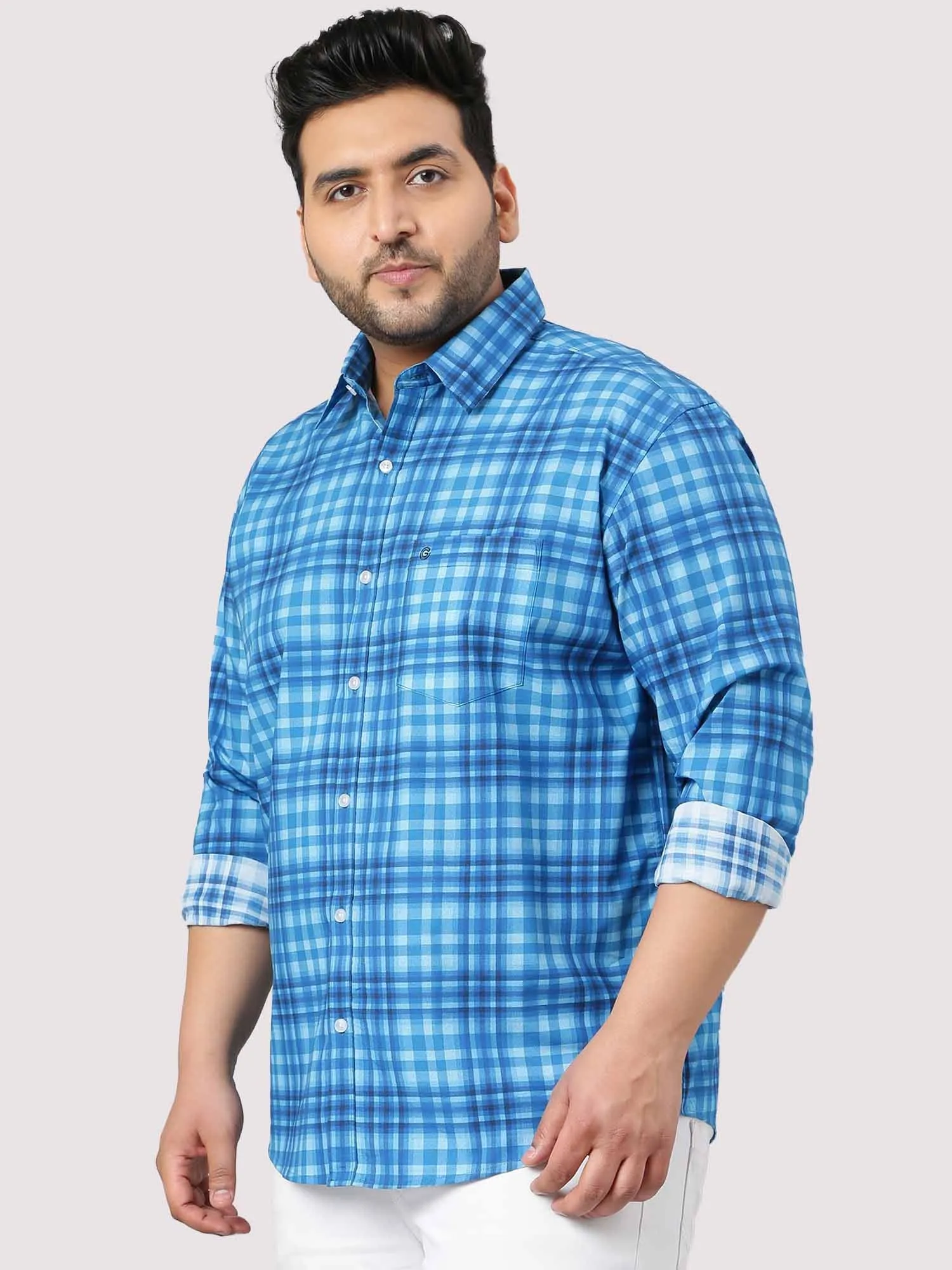 Sky Blue Large Check Shirt Men's Plus Size