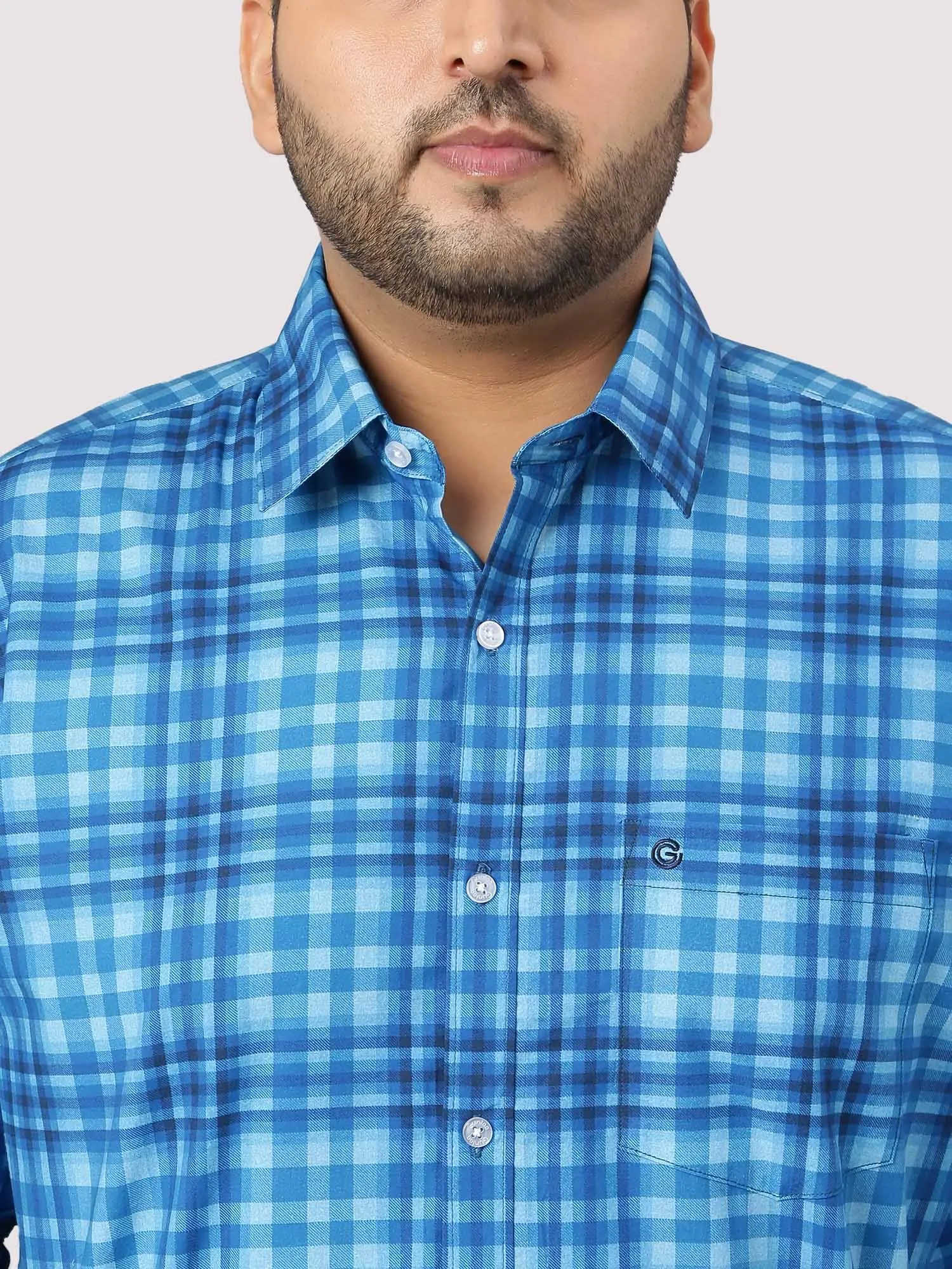 Sky Blue Large Check Shirt Men's Plus Size