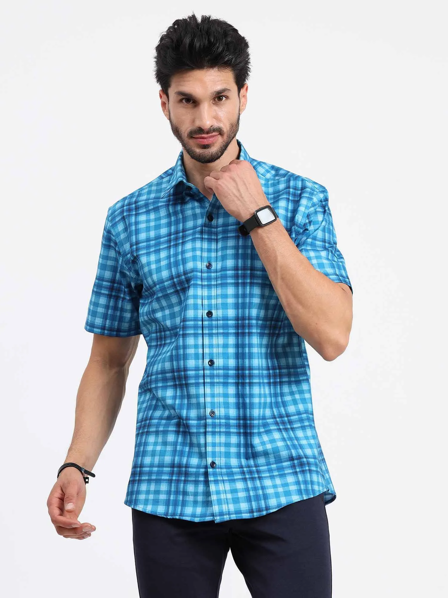 Sky Blue Large Checks Half Sleeve Shirt