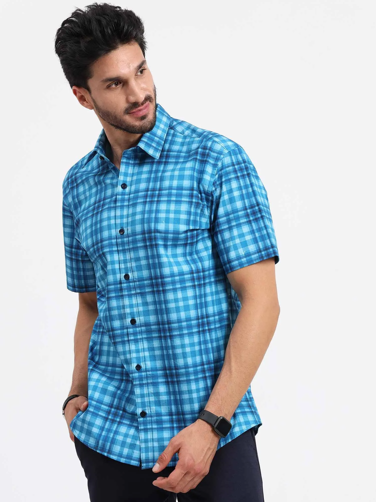 Sky Blue Large Checks Half Sleeve Shirt