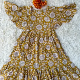 Sunny Vibes: Yellow Cotton Floral Print Flared Western Dress for Comfort