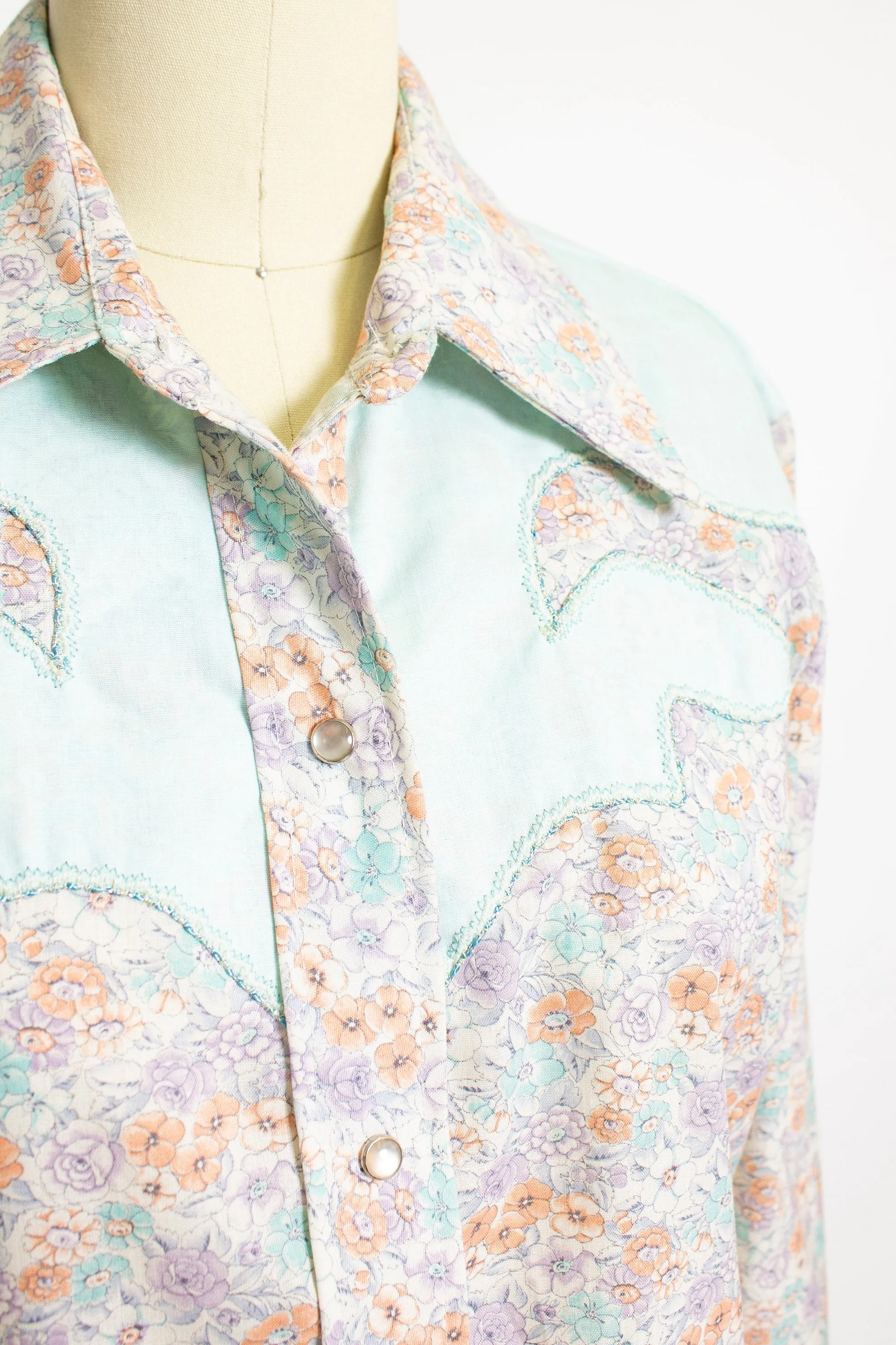 Vintage 1970s Western Shirt Pastel Floral NOS Unworn Medium / Large