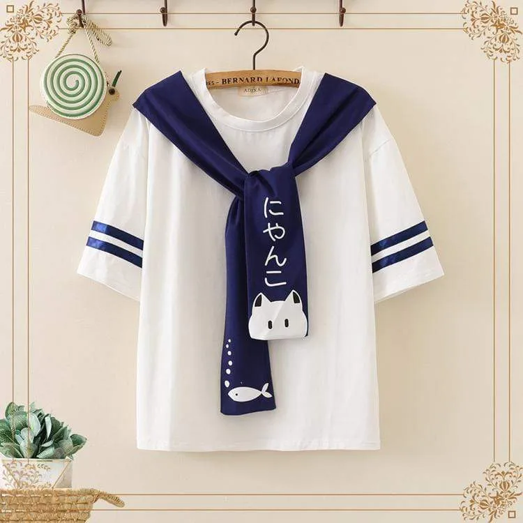 Women's Cute Cat And Fish Printed Sailor Collar Striped Sleeved Tees