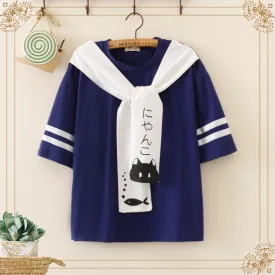 Women's Cute Cat And Fish Printed Sailor Collar Striped Sleeved Tees