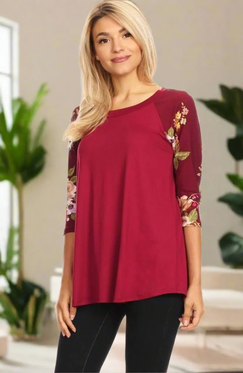 Womens Maroon Top, 3/4 Floral Sleeve Shirt, Sizes S/M/L, Maroon/Floral