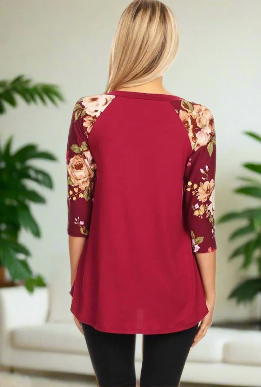 Womens Maroon Top, 3/4 Floral Sleeve Shirt, Sizes S/M/L, Maroon/Floral