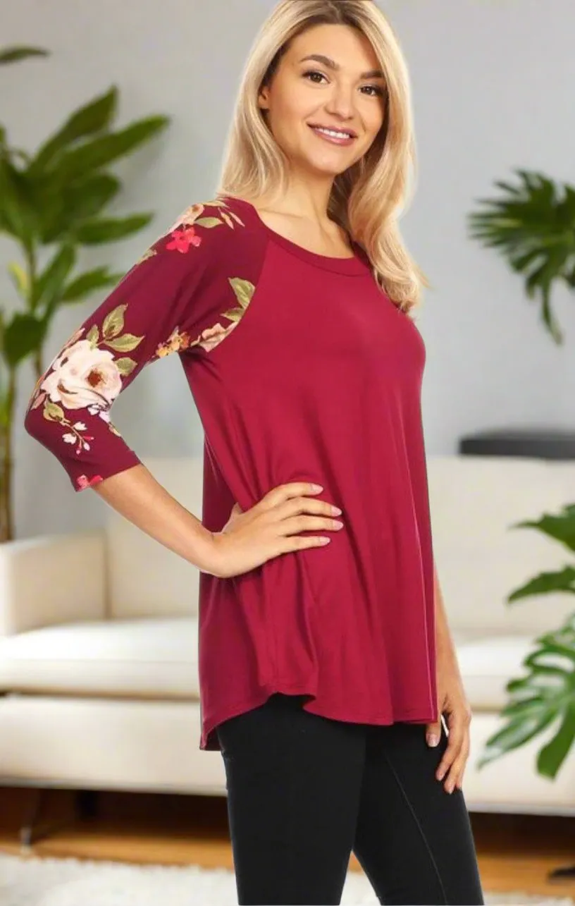 Womens Maroon Top, 3/4 Floral Sleeve Shirt, Sizes S/M/L, Maroon/Floral