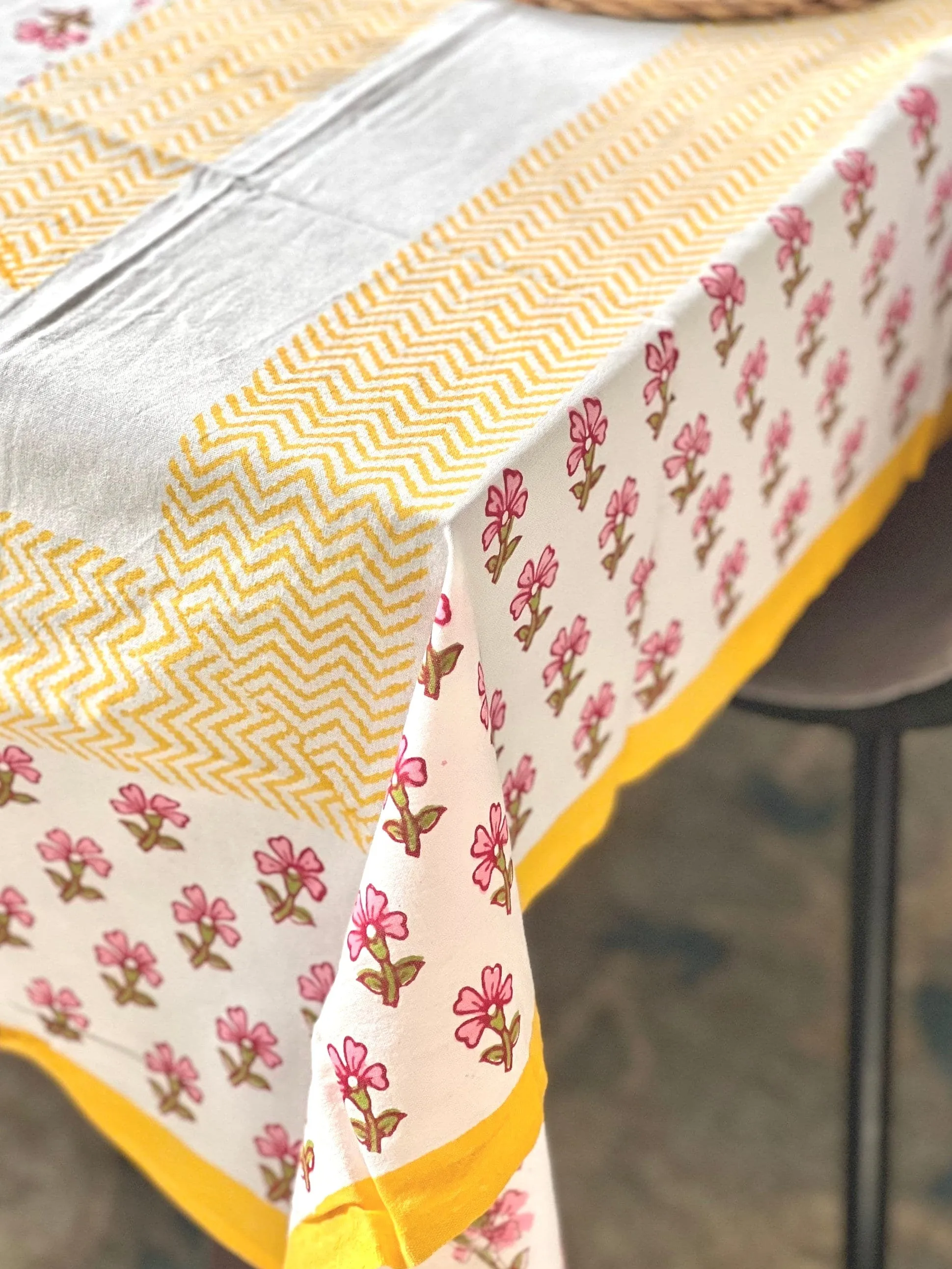 Yellow Floral block print tablecloth, Rectangle tablecloth, Table cover, Cotton tablecloth, New home gift for her