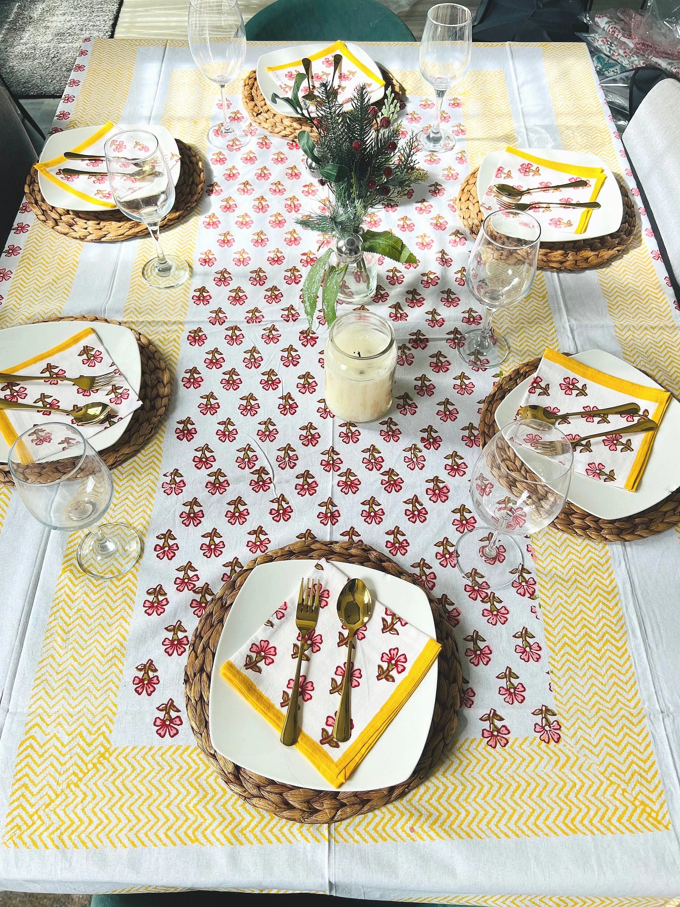 Yellow Floral block print tablecloth, Rectangle tablecloth, Table cover, Cotton tablecloth, New home gift for her