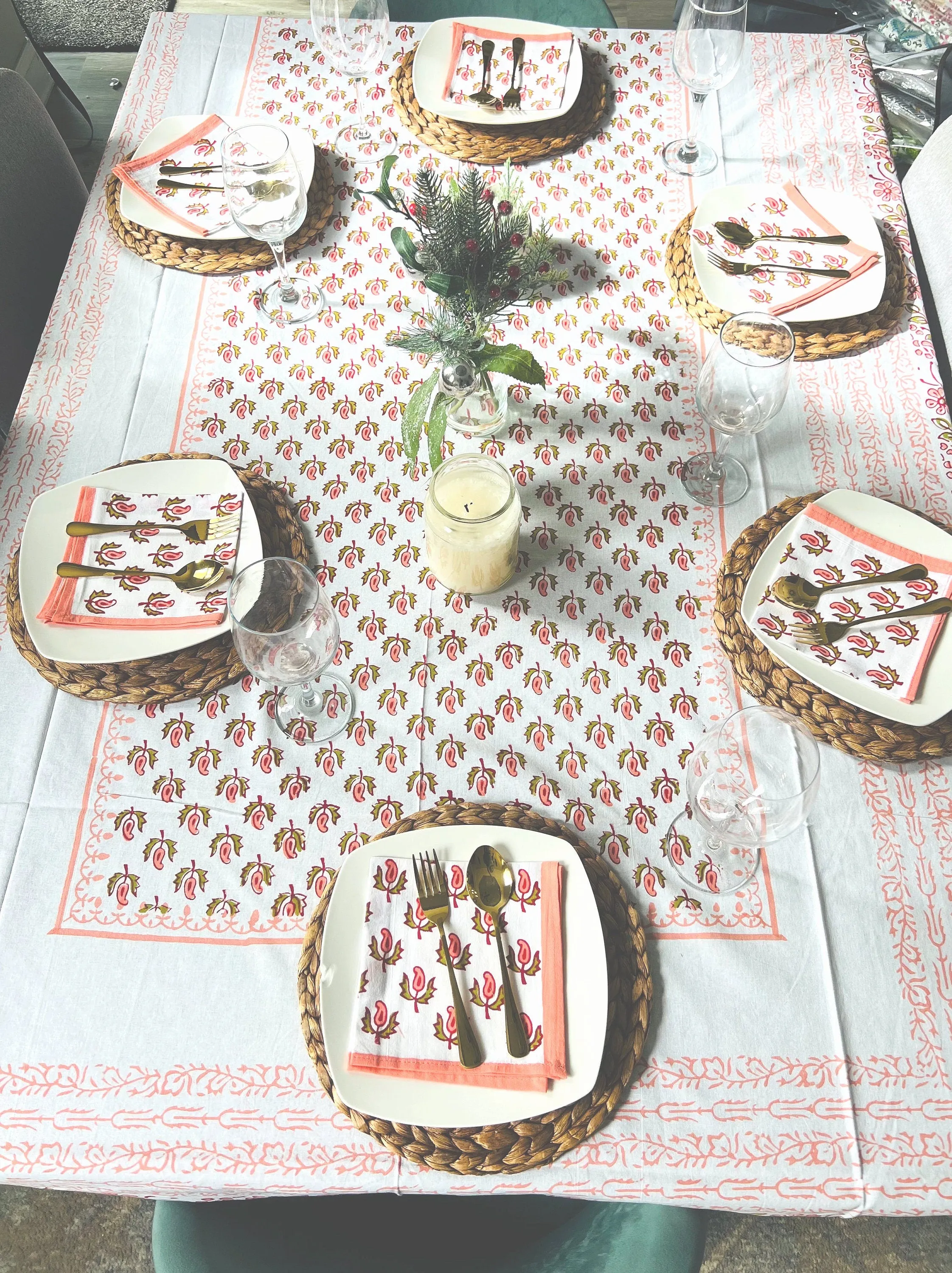 Yellow Floral block print tablecloth, Rectangle tablecloth, Table cover, Cotton tablecloth, New home gift for her